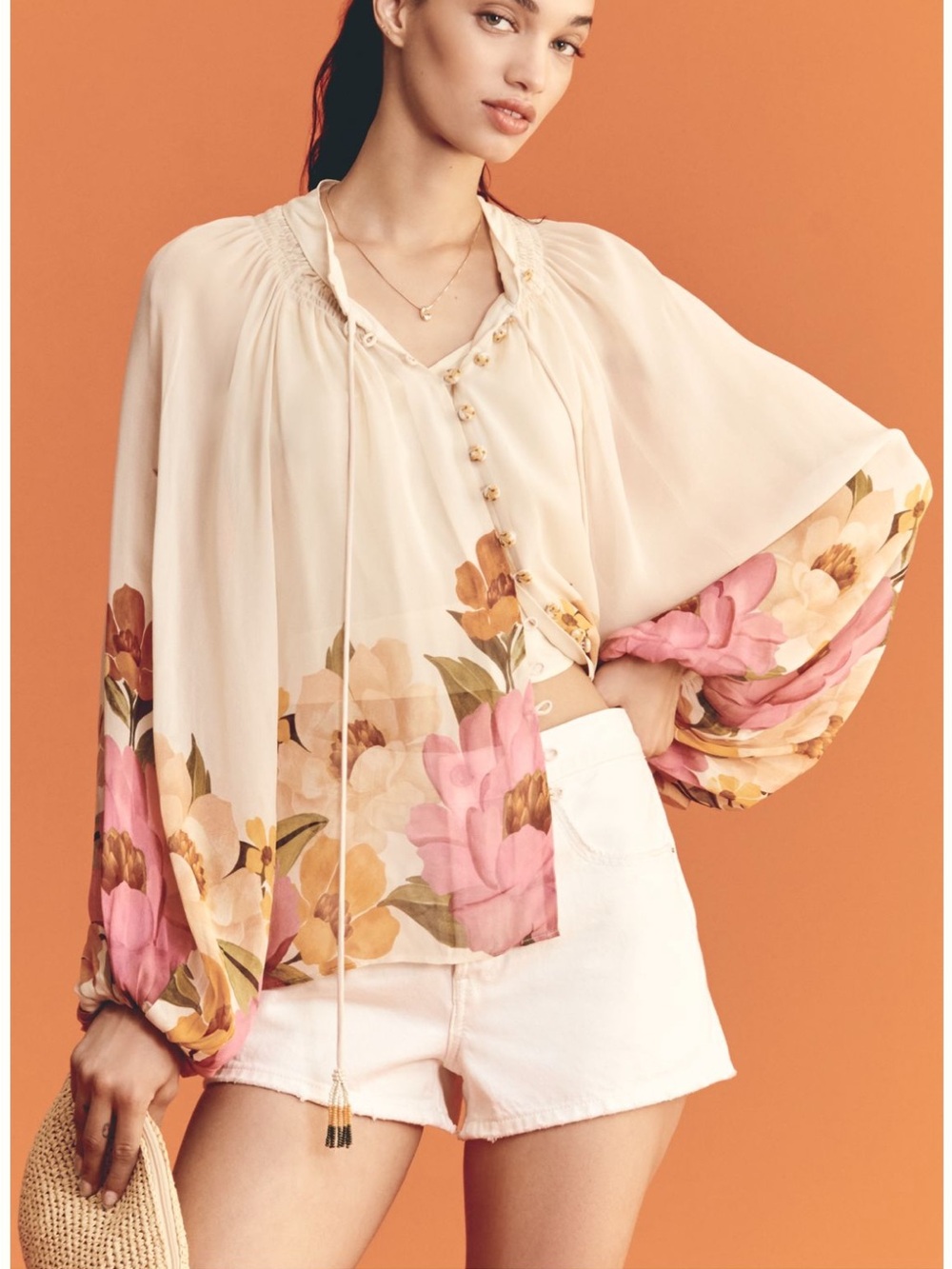 Farm Rio X Anthropologie Puff Sleeve Boat Neck Blouse